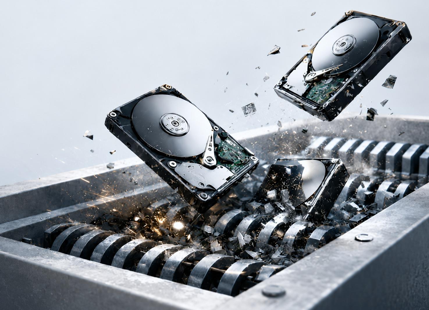 Engineer running certified data erasure software on retired business hard drives