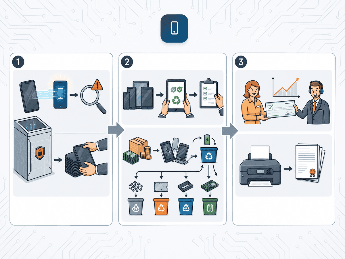 Illustrated overview of the mobile phone & tablet recycling service for UK businesses, from secure collection to certified data destruction and recycling