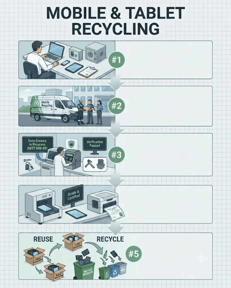 Mobile & Tablet Recycling process diagram: 1. Gather your devices, 2. Secure collection or courier, 3. Sanitise & verify, 4. Grade & rebate, 5. Reuse or recycle